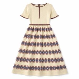 Lisa Originals VTG Herman Marcus Cream Knit Dress Purple Crochet Trimmed Belt